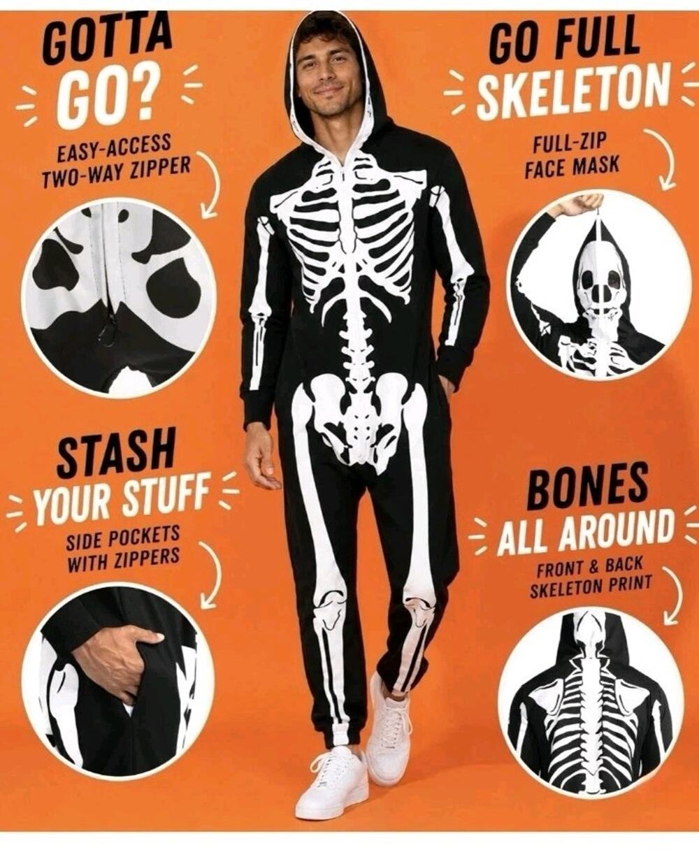 Tipsy Elves Skeleton Halloween Costume Adult Sz M Black Hooded One Piece Skelly